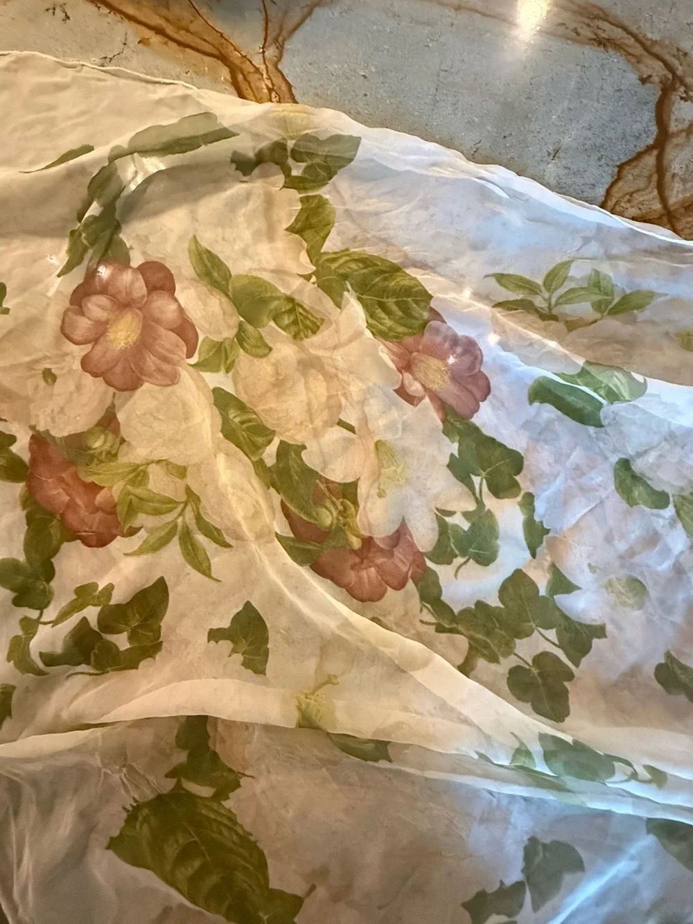 CHANEL White Silk Scarf with Green Floral Print